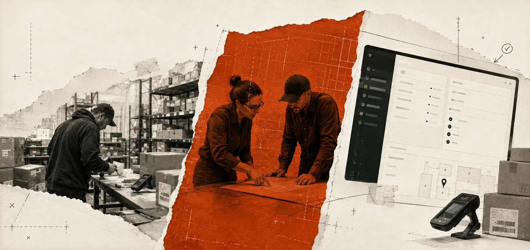 A warehouse operator, two collaborators mapping a workflow, and inventory software shown as one connected operational process